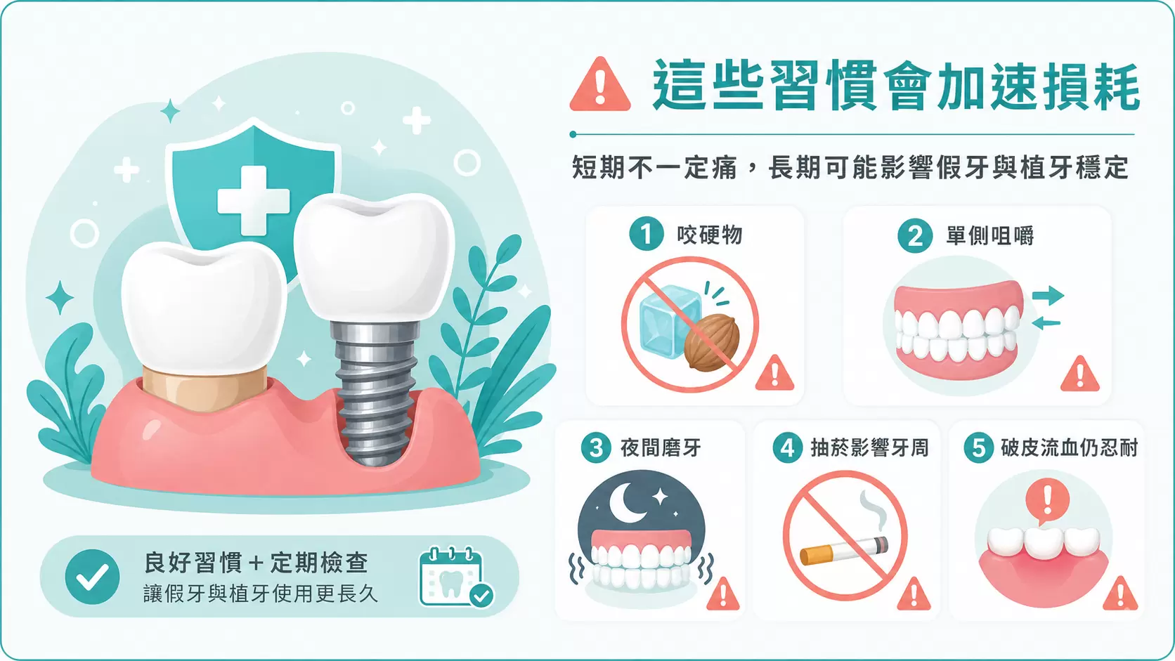 假牙、植牙做完之後,怎麼維護才能用得更久? 咬硬物單側咀嚼磨牙抽菸與忽略破皮流血會影響假牙植牙穩定